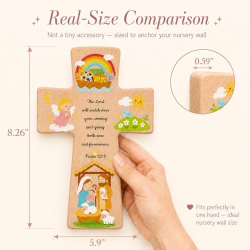 Onism Wooden Wall Cross for Baby Girl, Nativity Baptism Gift, 8 in Hardwood - Image 3