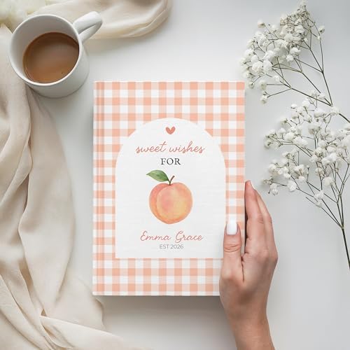 Personalized Peach Baby Shower Guest Book, Custom Sweet Little Peach on the Way Memory Keepsake, Advice and Wishes for Baby Journal, New Parents Gift, Hardcover Lined Writing Notebook for Registry - Image 4