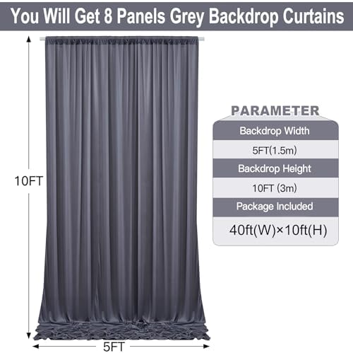 40ft×10 ft Wrinkle Free Grey Backdrop Curtain for Parties, 8 Panels 5×10 ft Soft Silky Polyester Charcoal Photo Backdrop Drapes for Birthday Baby Shower Baptism Wedding Photography - Image 3