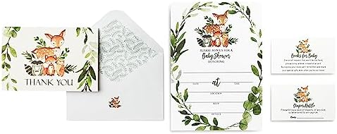 All Ewired Up Boxed Sets: 50 Pack Watercolor Woodland Greenery Thank You Cards, 25 Invitations, 25 Diaper Raffle Cards and 25 Books For Baby Inserts by AllEwiredUp