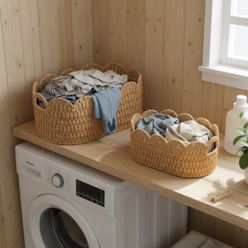 Coeusy Paper Rope Scalloped Basket Set of 2, Wicker Storage Baskets for Shelves,Gifts,Books,Toys,Cute Decor Rattan Baskets for Organizing,Natural Color - Image 2