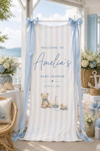 Welcome To Light Blue Stripe Teddy Bear Baby Shower Satin Welcome Banner by Custom