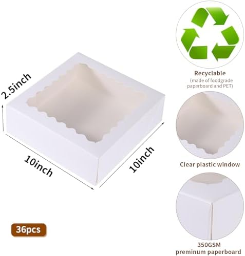 36 pcs 10x10x2.5 Inches Cake Box with Window, Bakery Pastry Cookie Boxes, Mini Pie for Pastry,Dessert,Strawberries,Chocolates (White, 10x10x2.5 Inch/36pcs) - Image 2