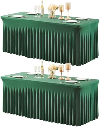 2 Packs Green Table Clothes for 4 Foot Rectangle Tables, Wrinkle Resistant Stretch Spandex Table Covers Fitted Tablecloth with Skirt for Easter Event Banquet Wedding Birthday Party by PartyTalk