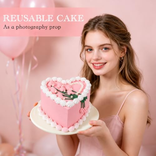 6 Inch Heart Shaped Fake Cake, Pink Artificial Cake with Flower Bouquet and Pearl Heart Decor, Reusable Faux Cake Prop for Wedding, Birthday, Bridal Shower, Baby Shower, Anniversary Party Decor - Image 3