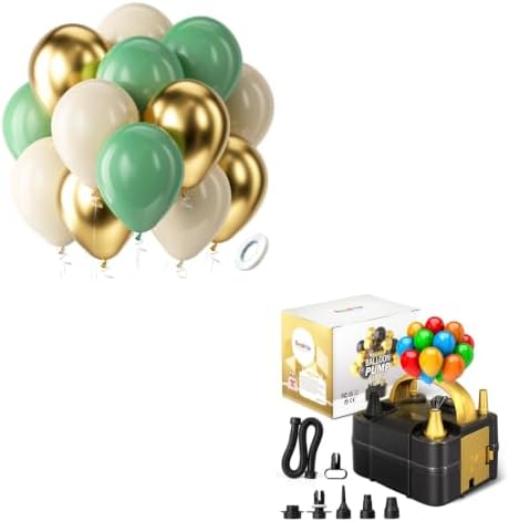 Sage Green Gold White Balloons Kit 60pcs 12 in Sage Green Sand White Latex Balloons Metallic Gold Helium Balloons and Electric Balloon Pump Multiple by Bezente