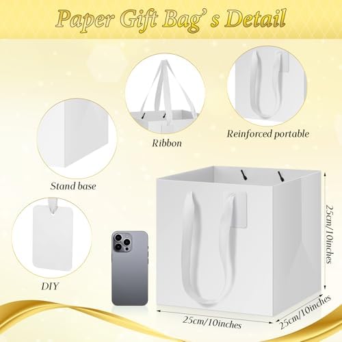 Windyun 50 Pcs Square Paper Gift Bags with Handle 10 x 10 x 10'' Large Favor Bag with DIY Thank You Tag for Wedding Christmas Bridal Shower Bridesmaid Birthday Party (White) - Image 2