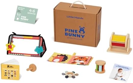 Pine Bunny Montessori Wooden 9-in-1 Toy Set for 4+ Months, Silicone Teether, Interlocking Discs, Mirror Toy, Wooden Bell Cylinder, Cloth Book, Spinning Drum, Educational Learning Sensory Development by Unknown
