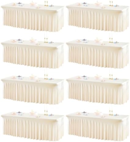 Shillance 8 Packs Ivory Spandex Table Covers 8 Foot, Fitted Stretch Table Cloth with Skirts 96x30 Inch, Wrinkle-Free Floor Length Rectangle Tablecloths for Weddings Parties Banquets Events by Shillance