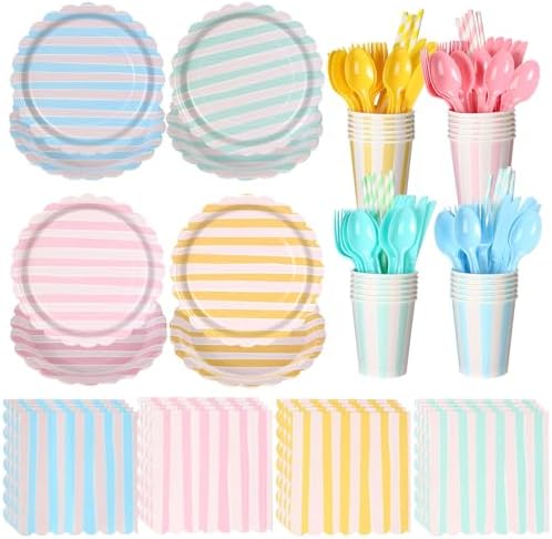 Potchen 220 Pcs Pastel Stripe Plate Party Decor Supplies for 24 Guest by Potchen