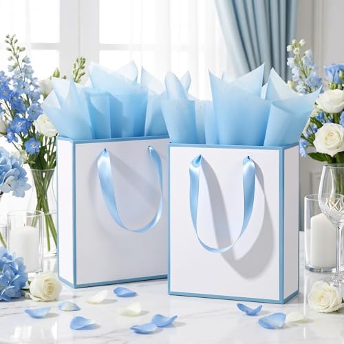 Yeaqee 50 Pcs Metallic Paepr Gift Bags Bulk with Handles,White, Blue - Image 5