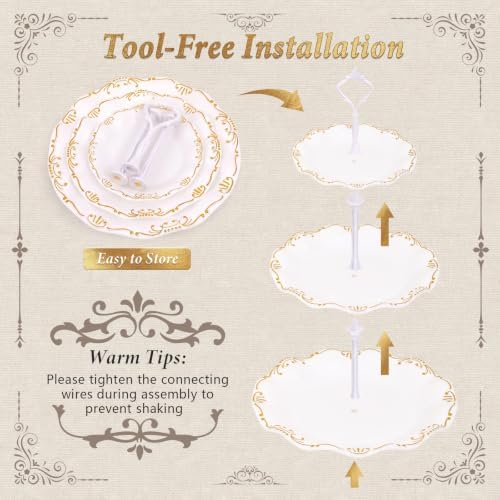 10 Pcs Cupcake Stand,Dessert Table Display Set with Gold Rim,3 x Three-Tier and 3 x Two-Tier Cake Stands,4 x Appetizer Serving Trays for Birthday, Wedding, Baby Shower,Tea Party (White) - Image 5
