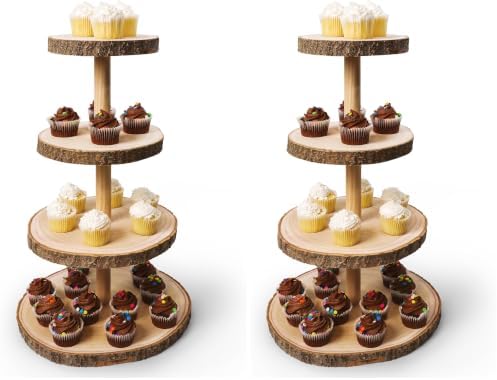 Wooden 4 Tier Rustic Cupcake Stand, Great for Wedding Cake Wood Display Tiered Centerpiece, Dessert Tower for Parties & Events (Pack of 2) by UpperMidlandProducts