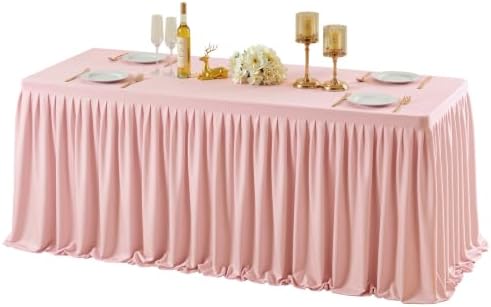 Wish Care Blush Pink Polyester Table Clothes for 4 Foot Rectangle Tables, Wrinkle Free Fitted Table Cover with Pleated Ruffle Table Skirt for Birthday Party Wedding Trade Show Event Display by WishCare