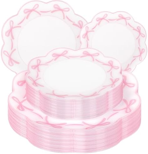 LIYH 60 Pcs Pink Bow Plastic Plates for Party - Pink Scalloped Scalloped Plates Disposable Heavyduty for Decorative Tableware for Holiday Party Decor Supplies - 10.25" Dinner & 7.5" Dessert Plate by LIYHLoveinyourheart