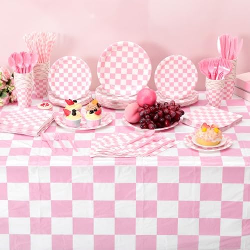 Funnymoom 452 Pcs Light Pink and White Gingham Party Supplies for 50, Pink Checkered Gingham Paper Plates Napkins Cups Tablecloth Cutlery Straws for Picnic Camping Birthday Baby Shower Decoration - Image 4