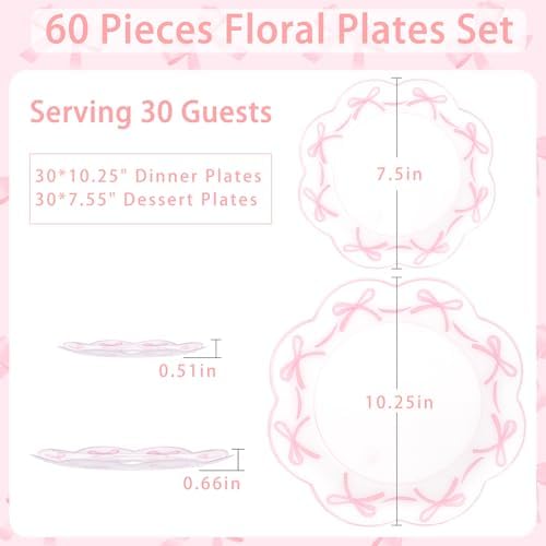 LIYH 60 Pcs Pink Bow Plastic Plates for Party - Pink Scalloped Scalloped Plates Disposable Heavyduty for Decorative Tableware for Holiday Party Decor Supplies - 10.25" Dinner & 7.5" Dessert Plate - Image 4