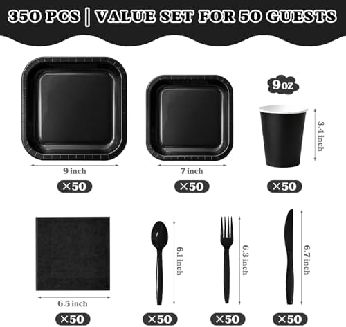 Vyntra 350 Pcs Black Square Paper Plates and Napkins Set, Serves 50 - Image 3
