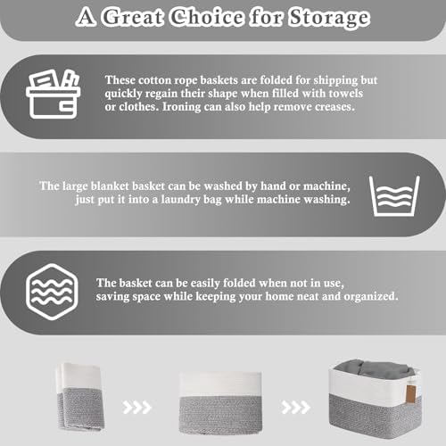 Goodpick 50L Large Woven Rope Storage Basket with Handles, Light Gray - Image 7