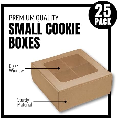 25 pcs Kraft Mini Cookie Boxes for 4 treats with Window and Dividers, Kraft Bakery Boxes, 6 x 6 x 2.4 Inches SMALL Baking Boxes, Square Cookies Box Decorating Supplies for Gift Giving - Image 3