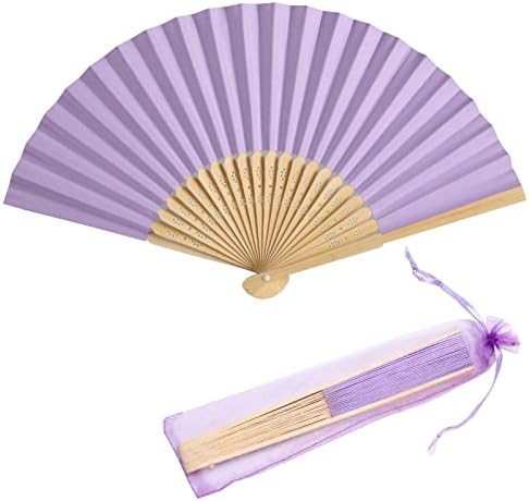 50pcs Paper Hand Fan with Organza Bags Bamboo Handheld Folding Fan DIY Decorative Wedding Party Favors (Light Purple) by SLcrafts