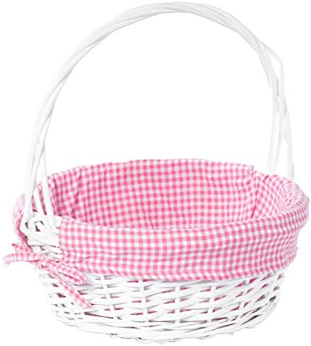 White Round Willow Gift Basket with Pink Gingham Liner & Handle, Mediun – Empty Christmas Basket for Gifts, Holiday Wicker Basket, Basket to Fill by Wickerwise