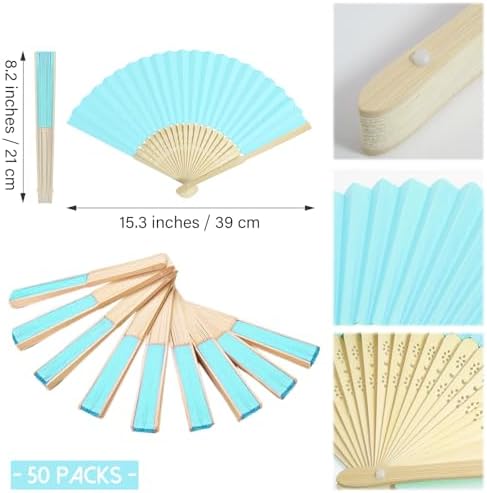 50 Piece Paper Fans - Bamboo Folding Hand Fans for Wedding Party and Home Decoration (Blue) - Image 2