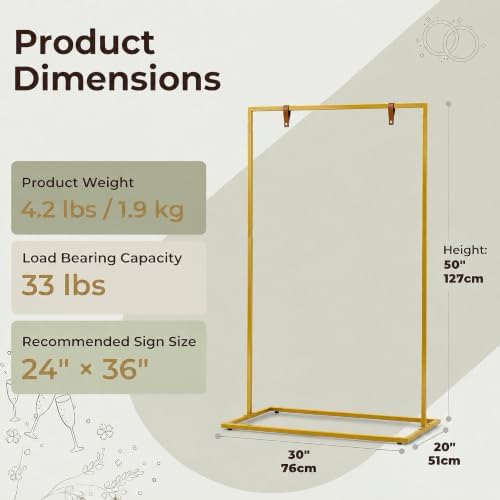 Wedding Welcome Sign Stand, 50" Standard Height - Gold Metal Sign Holder with 6 Leather Straps, Easel Stand for Seating Charts & Event Décor - Image 2
