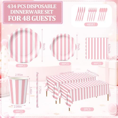 Funnymoom 434 Pcs Pink Striped Party Decorations Scalloped Plates Serves 48 - Image 2