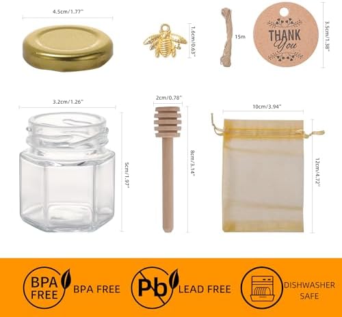R DRURLCD 50 Pack 1.5 oz Hexagonal Mini Glass Honey Jars in Bulk with Wooden Dipper Bee Charms Thank You Cards Jutes for Baby Shower Wedding Party Favors Gifts - Image 2