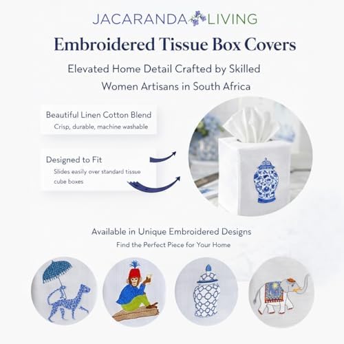 Jacaranda Living Square Tissue Box Cover, Linen/Cotton Tissue Holder, Decorative Cloth Tissue Cover, Fits Standard Square Tissue Boxes, Embroidered Animal Designs, Charming Elephant (Aqua) - Image 6