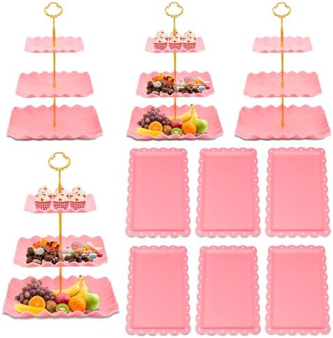 10 Pack Dessert Table Display Set - 4 x Three-Tier Square Cupcake Stands and 6 x Serving Trays, Elegant Tableware for Cakes, Cupcakes, Pastries, and Snacks, Perfect for Parties (Pink) by DIDROOM