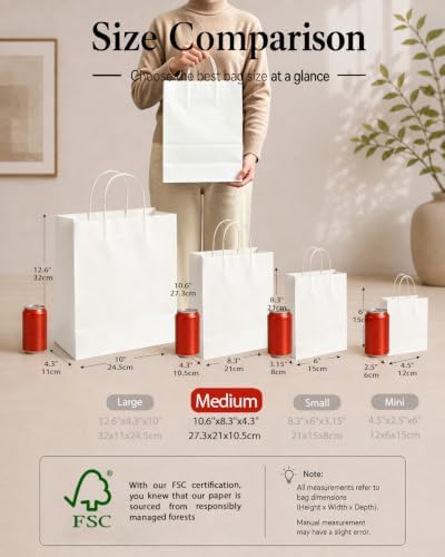 qiqee 200-Packs White Paper Gift Bags with Handles Bulk 10.6"x8.3"x4.3" Medium Size Paper Bags Multiple Uses - Image 2