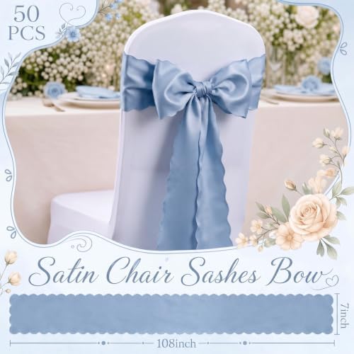 50 Pcs Dusty Blue Satin Chair Sashes Bows, 7 x 108 Inch - Image 2