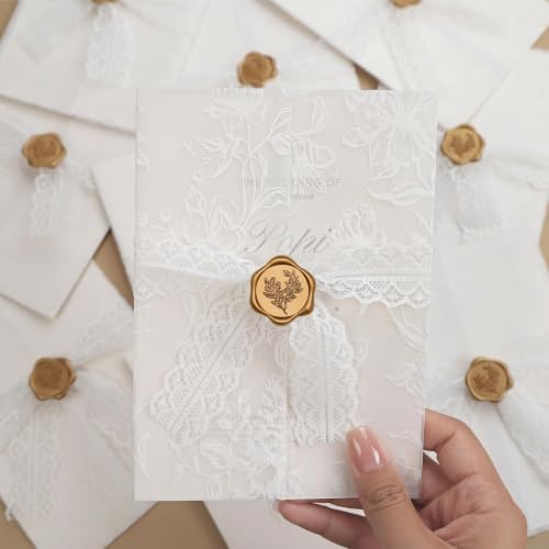 UNIQOOO 50 Sets Wedding Invitation Kit, White Floral Vellum Jackets for 5x7 Invitations w/Lace Ribbon & Eucalyptus Wax Seal Stickers, Wedding Invitation Accessories - Image 2