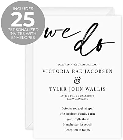 Canopy Street Personalized We Do Invitations / 25 Custom Modern Wedding Invites With White Envelopes / 5" x 7" Flat Simple Black And White Engagement Party Invitation/Made In The USA - Image 2
