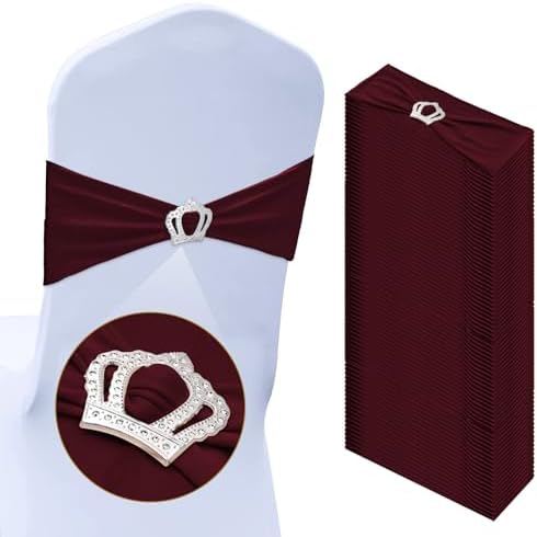 VitalCozy 50 Pcs Stretch Chair Sashes with Crown, Burgundy by VitalCozy