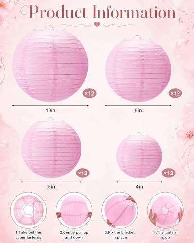 Treela 48 Pcs Paper Lanterns Party Decorations Round, Pink - Image 3