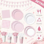 Ceenna 392 Pcs Pink Gingham Paper Plates Napkins Cup Party Supplies for 48 - Image 3