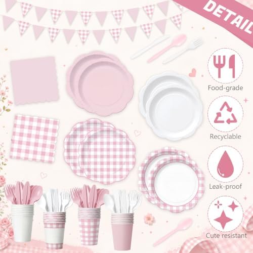 Ceenna 392 Pcs Pink Gingham Paper Plates Napkins Cup Party Supplies for 48 - Image 3