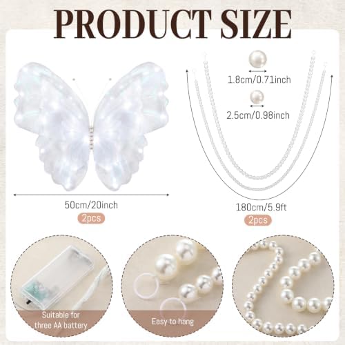 Pinkunn 4 Pcs Wedding 20" Giant LED Butterfly, 11.8ft Pearl Bead Garland - Image 2