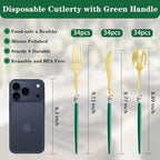 Supernal 102Pcs Gold Green Disposable Plastic Cutlery Set For Party Events - Image 3