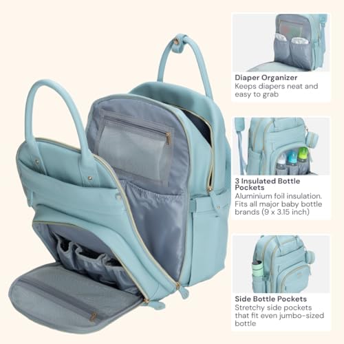 BabbleRoo Leather Diaper Bag Backpack - Baby Essentials Travel Baby Bag, Multi function, Water Resistant, with Changing Pad, Stroller Straps & Pacifier Case – Unisex, Powder Blue - Image 5