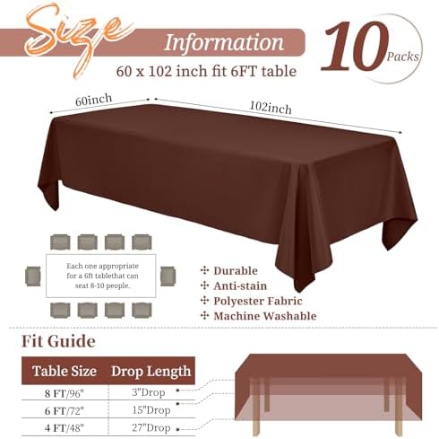 Showgeous 60x102 Inch Brown Rectangle Tablecloth 10 Pack Fit 6FT Table - Image 2
