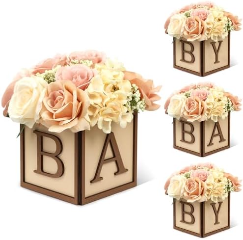 4 Set Baby Shower Centerpieces for Tables - 6 inch Wooden Boxes with Baby Letters Rustic Cube Planter Wood Blocks for Gender Reveal Party Favor (Brown) by ACMEE