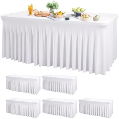 Wish Care 6 Pack White Spandex Table Clothes for 8 Foot Rectangle Tables, 8FT Wrinkle Free Fitted Tablecloths Ruffles Design Table Cover for Party, Banquet, Wedding and Events by WishCare
