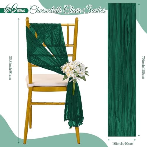 Pesonlook 60 PCS Emerald Green Chair Sashes Cheesecloth Sashes Rustic Chair Decorative Bows Designed ChairCover for Wedding Banquet Party Aisle Home Kitchen Decoration (16 x 70 inch) - Image 2