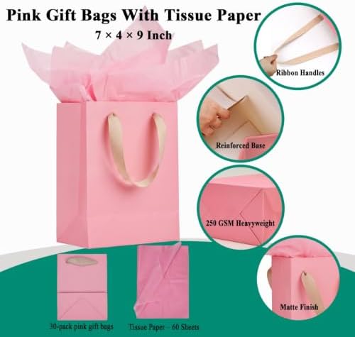 Aosric Pink Gift Bags with Tissue Paper, 30 Pack, 7x4x9 In - Image 3