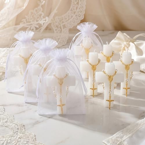 Kenning 24 Sets 72 Pcs Baptism Favors for Guests with Cross Candles Rosaries Organza Bags First Communion Gifts for Baptism Christian Souvenirs Gifts First Communion Wedding Baby Shower - Image 6