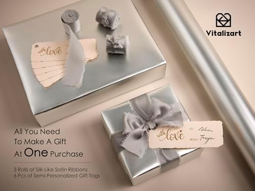 Vitalizart Matte Metallic Silver Wrapping Paper Set 30" Ribbons & Gift Tags - Image 5